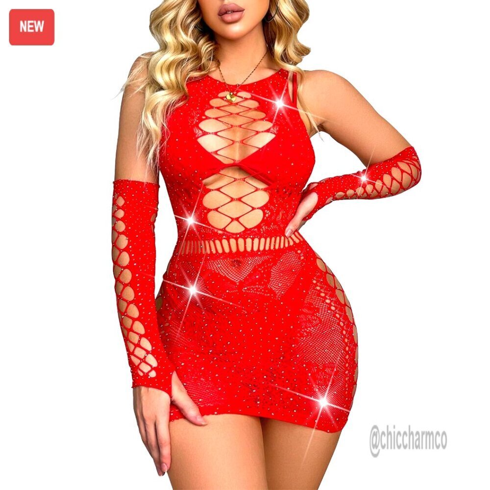 Rhinestone Sparkle Fishnet Lingerie Set Teddy Mesh Rave Outfit